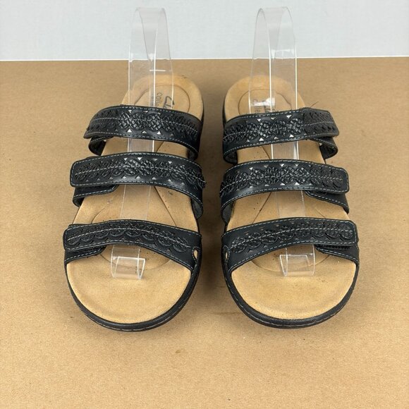 Clarks Laurieann Cove Three Strap Sandals Womens 10 Black Leather Hook and Loop - Picture 2 of 10